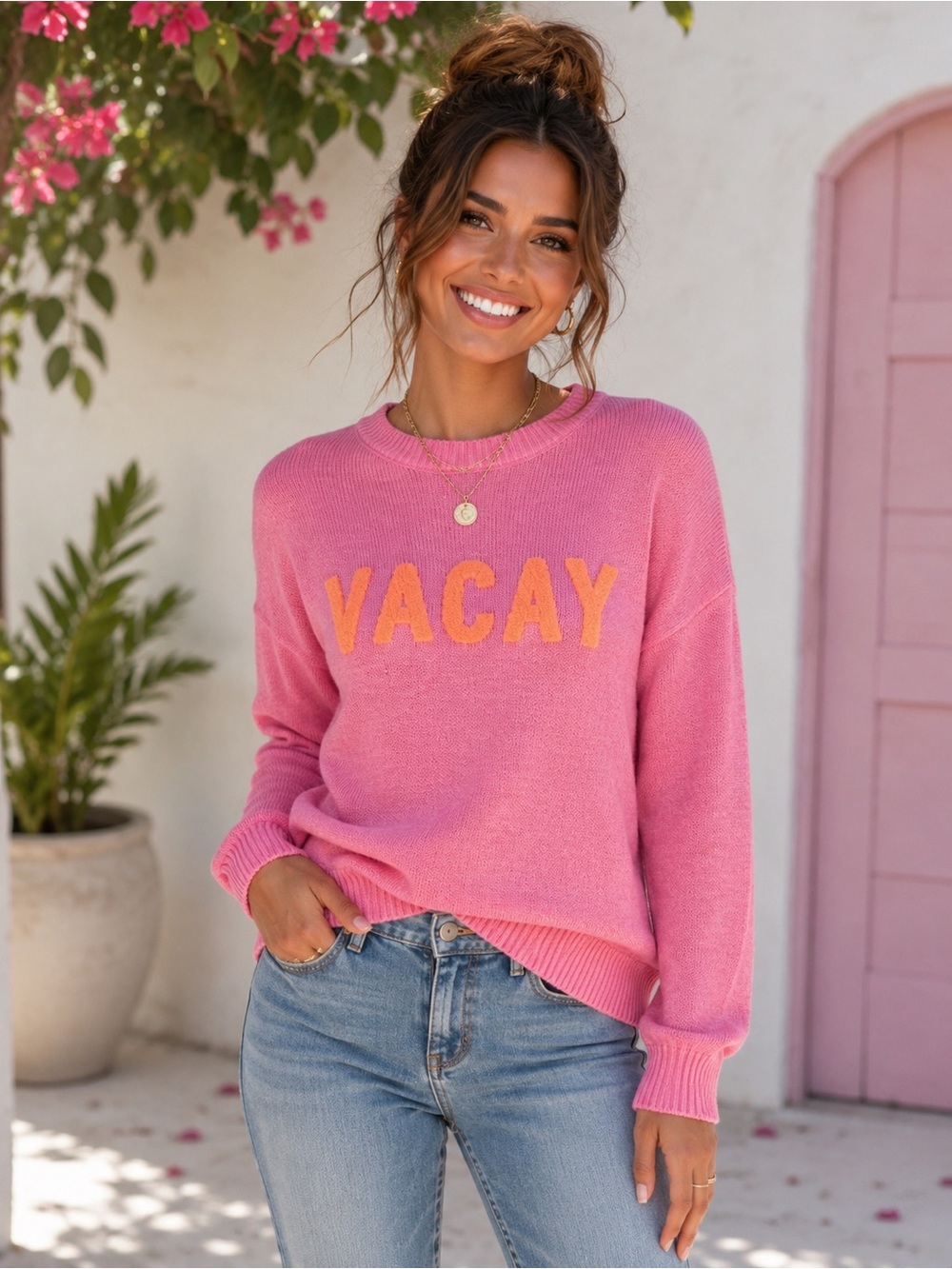 Pink Lily Pink Crewneck 'VACAY' Sweater with Orange Lettering